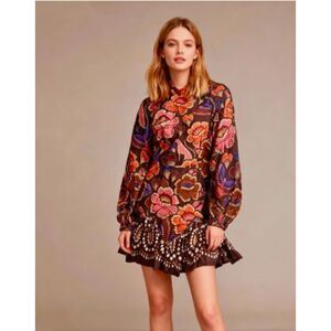 FARM Rio Bright Flora Long Sleeve Pleated Dress BRIGHT FLORA BROWN NWT 298 XS